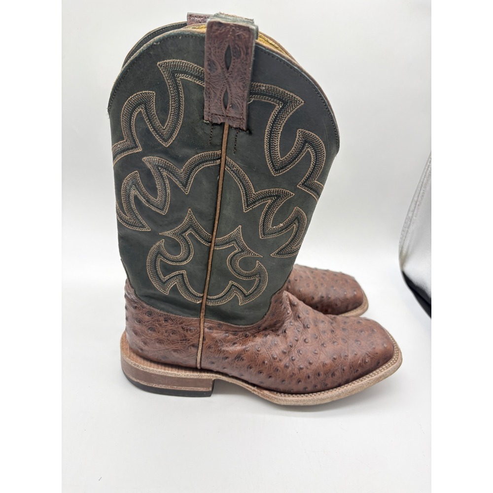Cavenders Mens 10.5D Brown Ostrich Print Green Embroidered Square Toe Boots 2314